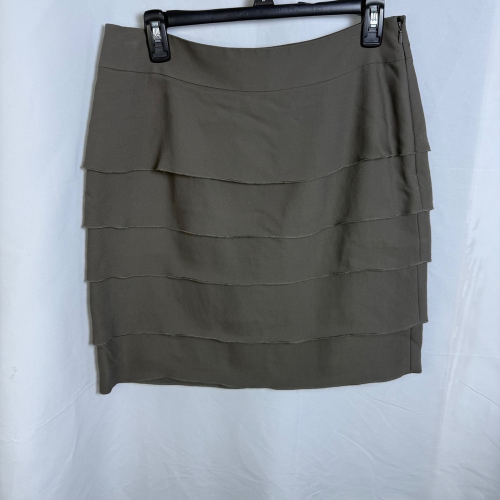 Halogen Olive Taupe Tiered Layered Mini Skirt Size 8 Side Zip Raw Edge Detail